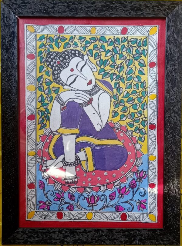 Serene Buddha Madhubani Painting (A4 Framed)